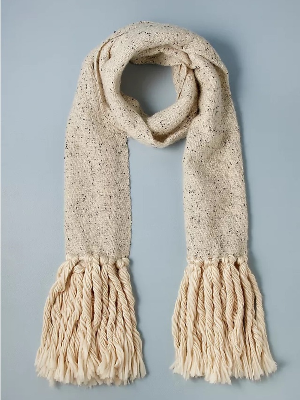 Anthropologie Ivory Speckled Knit Scarf Oversized Chunky Fringe Boho Winter Wrap